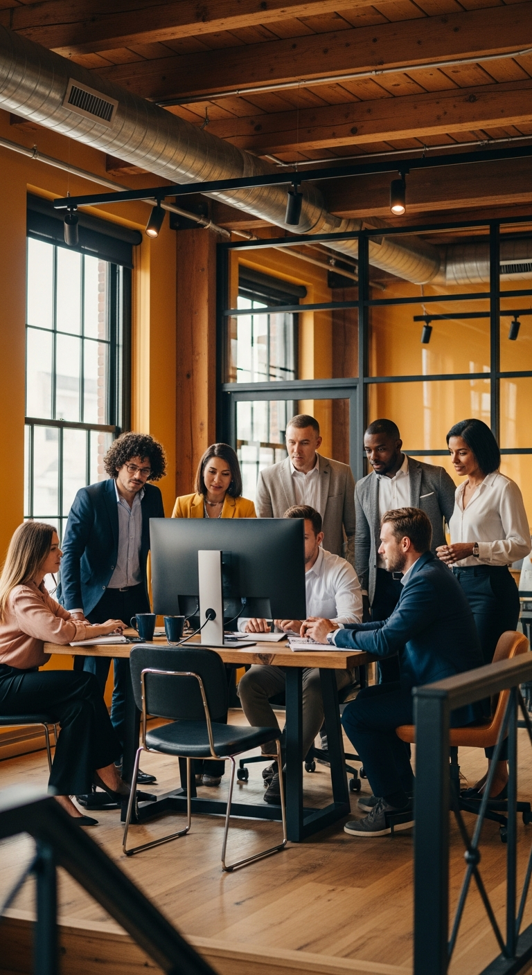 AI_IMAGE: A confident professional team gathered around a large monitor in a modern, warmly-lit office space with exposed wood beams and steel accents. The scene shows a diverse group collaborating with purpose, natural light streaming from tall windows, warm amber and navy tones dominating the interior design. Shot from a slightly elevated angle to convey authority and openness. | photorealistic | portrait